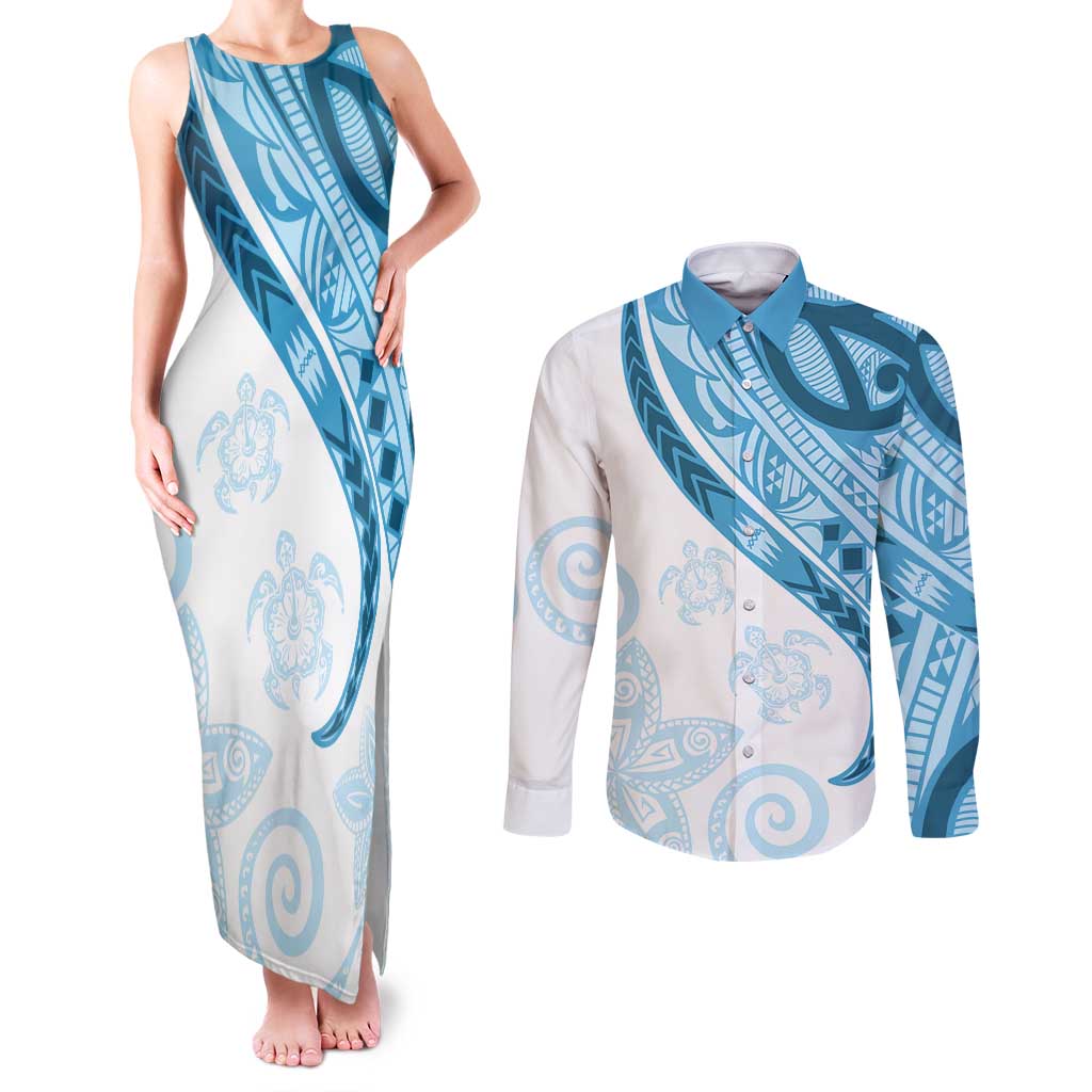 Blue Polynesian Tribal Turtle Floral Pattern Couples Matching Tank Maxi Dress and Long Sleeve Button Shirt
