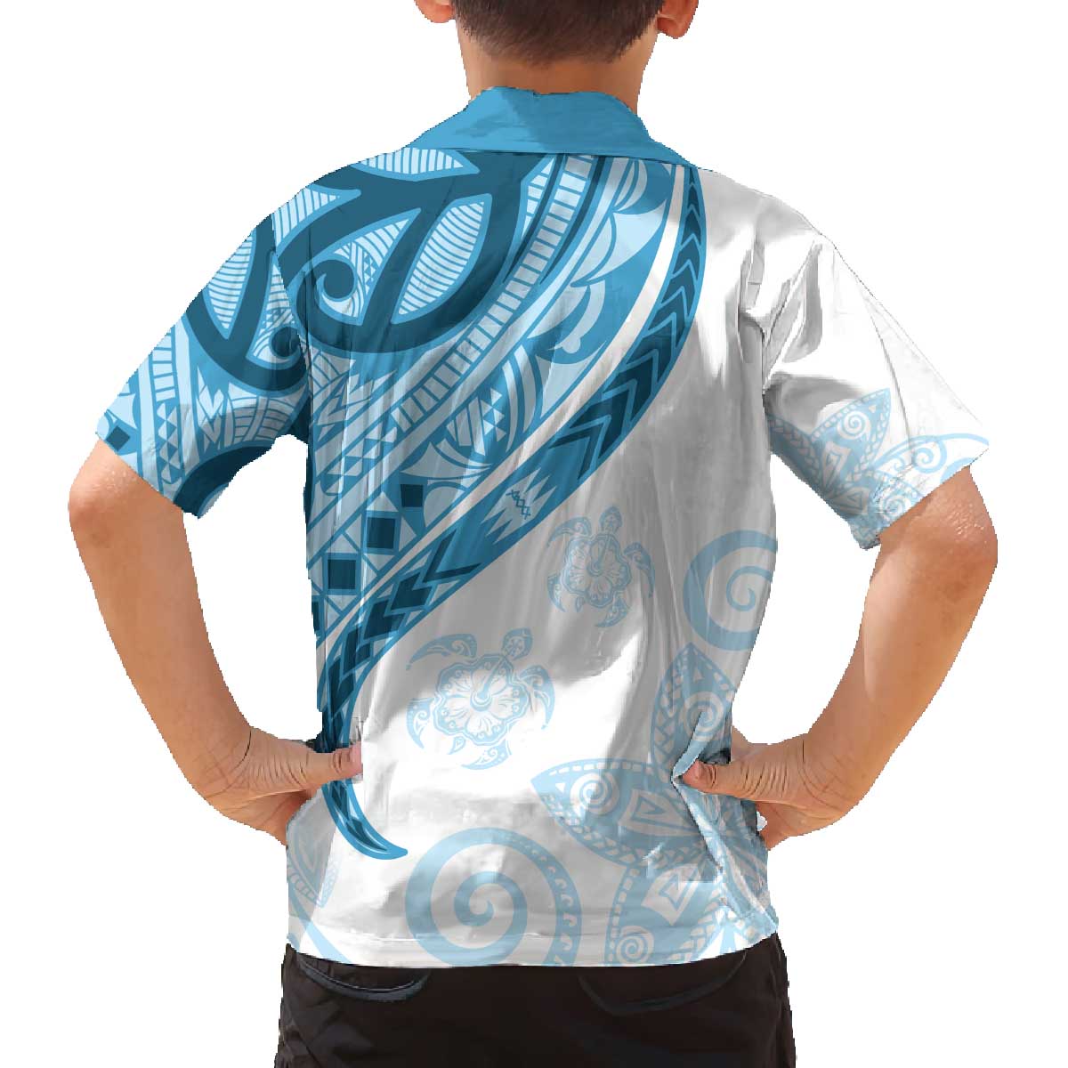 Blue Polynesian Tribal Turtle Floral Pattern Family Matching Off The Shoulder Long Sleeve Dress and Hawaiian Shirt