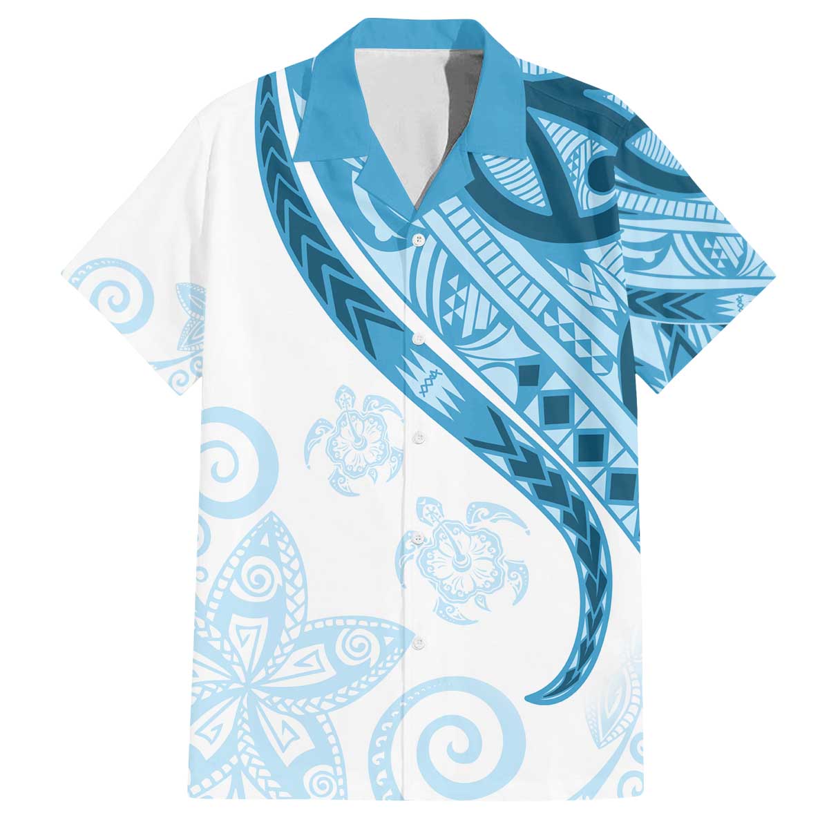 Blue Polynesian Tribal Turtle Floral Pattern Family Matching Off The Shoulder Long Sleeve Dress and Hawaiian Shirt