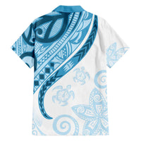 Blue Polynesian Tribal Turtle Floral Pattern Family Matching Off The Shoulder Long Sleeve Dress and Hawaiian Shirt