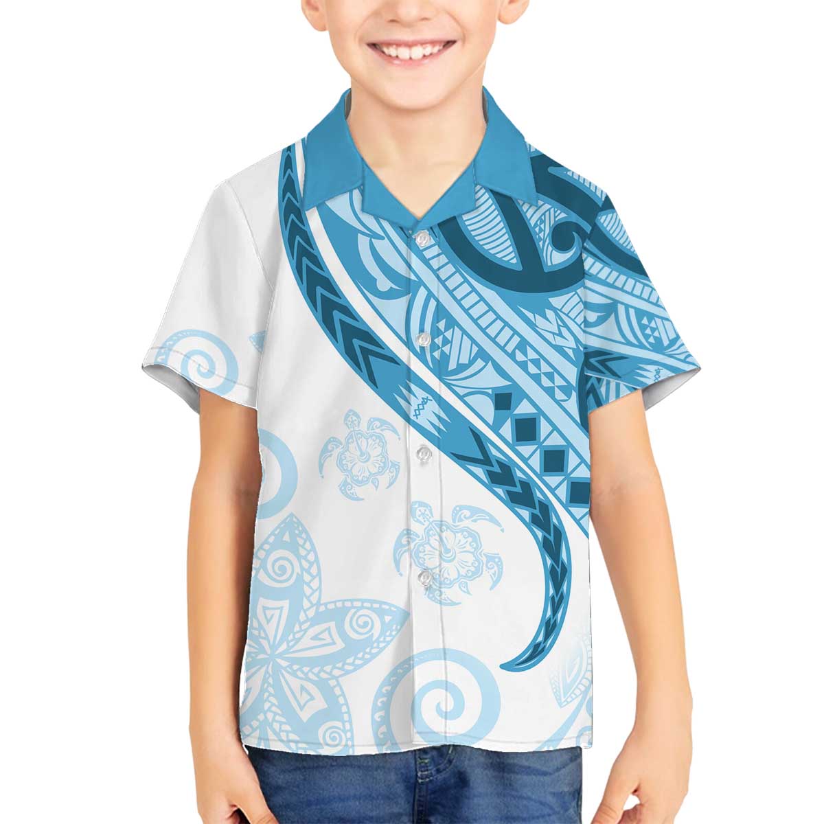 Blue Polynesian Tribal Turtle Floral Pattern Family Matching Off The Shoulder Long Sleeve Dress and Hawaiian Shirt