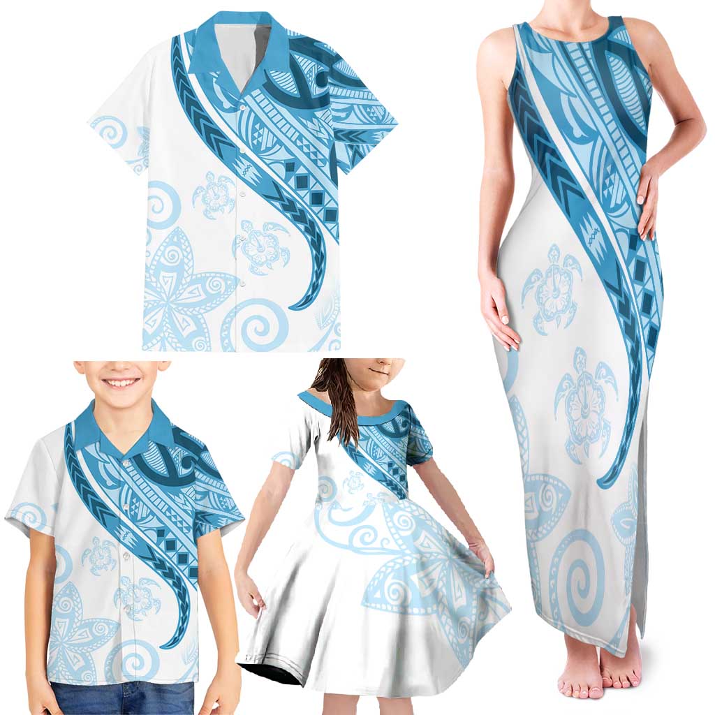 Blue Polynesian Tribal Turtle Floral Pattern Family Matching Tank Maxi Dress and Hawaiian Shirt LT05 - Polynesian Pride