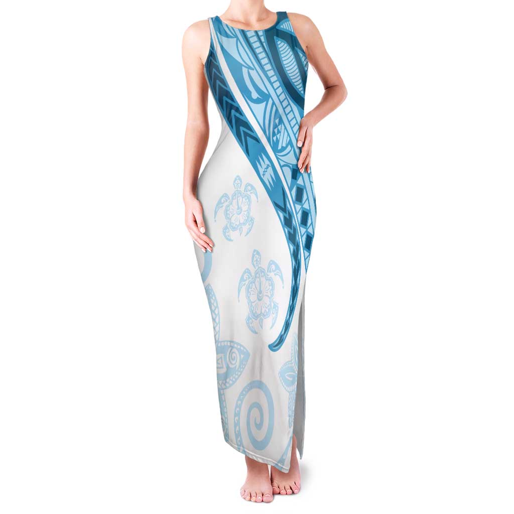 Blue Polynesian Tribal Turtle Floral Pattern Family Matching Tank Maxi Dress and Hawaiian Shirt