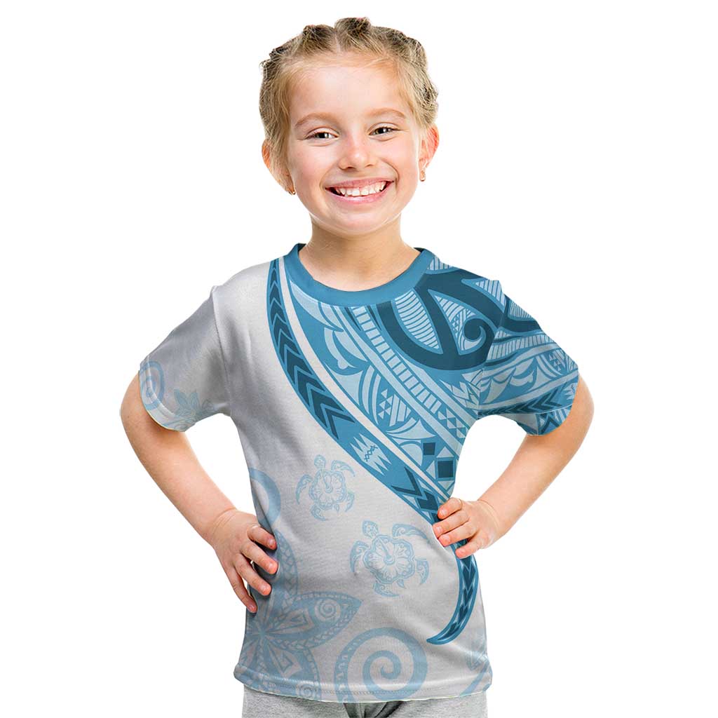 Blue Polynesian Tribal Turtle Floral Pattern Kid T Shirt