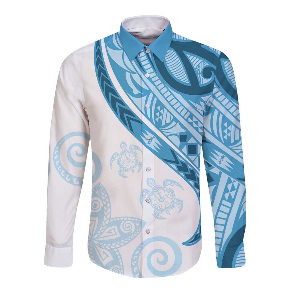 Blue Polynesian Tribal Turtle Floral Pattern Long Sleeve Button Shirt LT05 Unisex Blue - Polynesian Pride