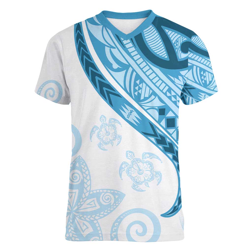 Blue Polynesian Tribal Turtle Floral Pattern Women V-Neck T-Shirt