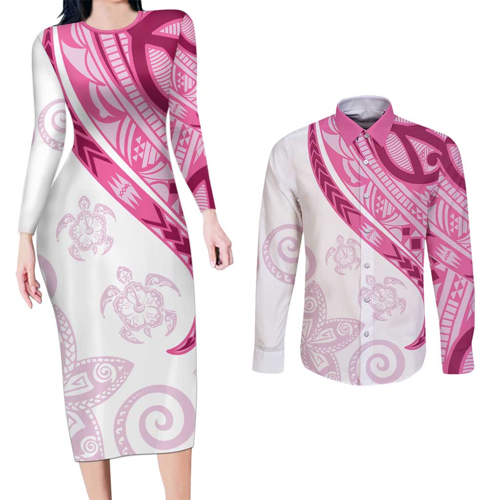 Rose Pink Polynesian Tribal Turtle Floral Pattern Couples Matching Long Sleeve Bodycon Dress and Long Sleeve Button Shirt