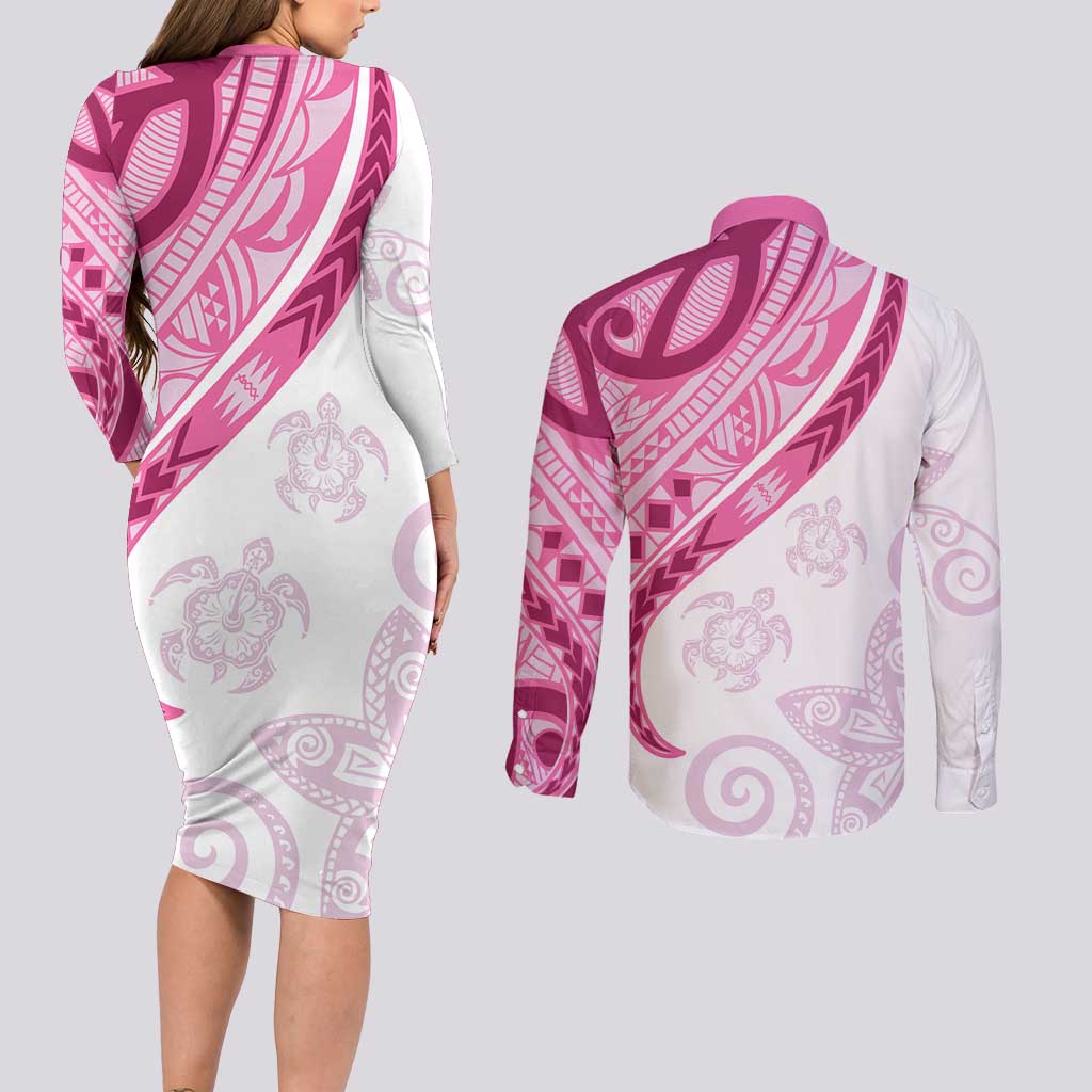 Rose Pink Polynesian Tribal Turtle Floral Pattern Couples Matching Long Sleeve Bodycon Dress and Long Sleeve Button Shirt