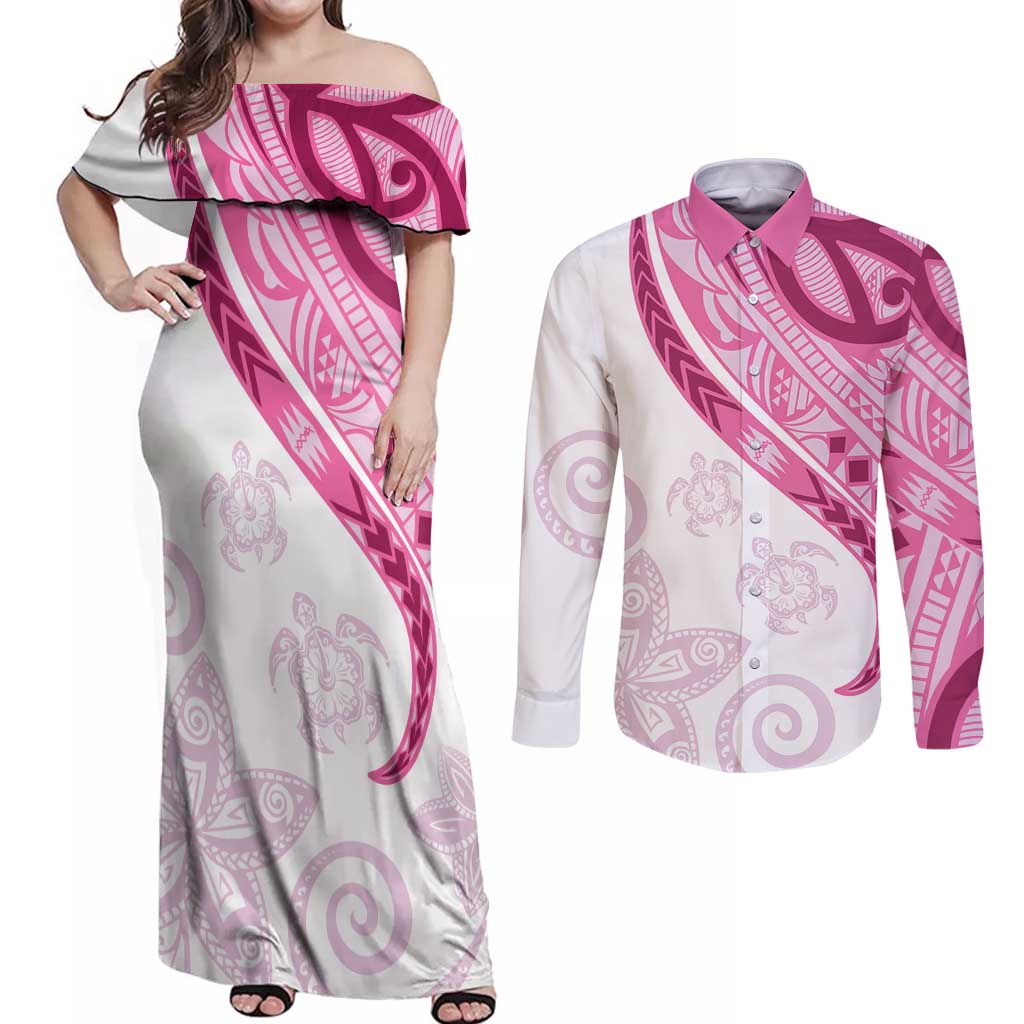 Rose Pink Polynesian Tribal Turtle Floral Pattern Couples Matching Off Shoulder Maxi Dress and Long Sleeve Button Shirt