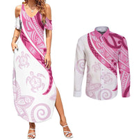 Rose Pink Polynesian Tribal Turtle Floral Pattern Couples Matching Summer Maxi Dress and Long Sleeve Button Shirt