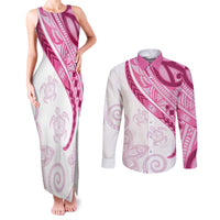 Rose Pink Polynesian Tribal Turtle Floral Pattern Couples Matching Tank Maxi Dress and Long Sleeve Button Shirt
