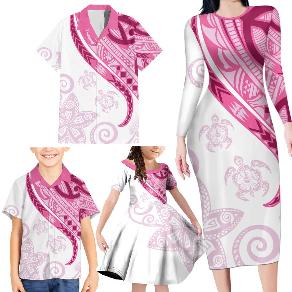 Rose Pink Polynesian Tribal Turtle Floral Pattern Family Matching Long Sleeve Bodycon Dress and Hawaiian Shirt LT05 - Polynesian Pride