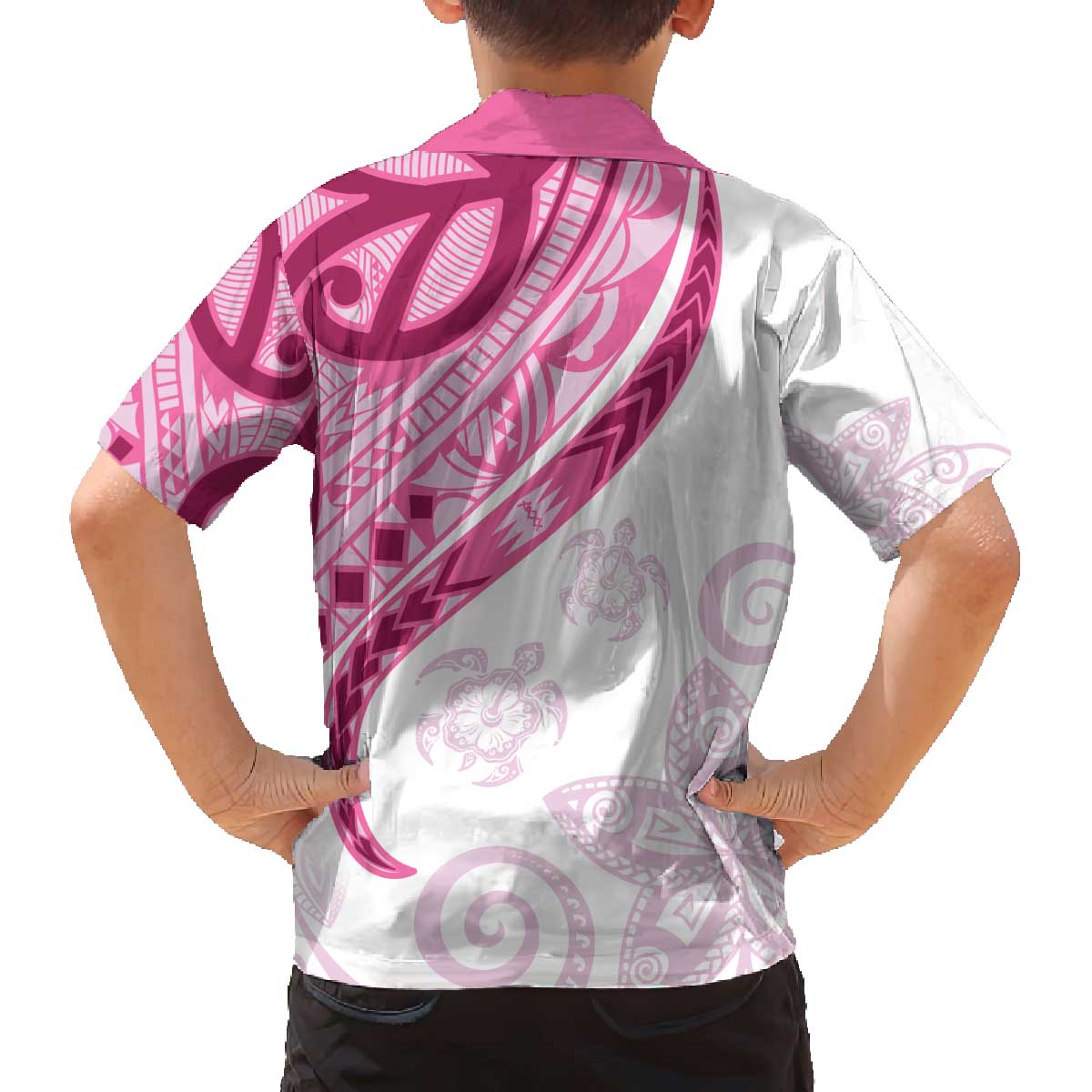 Rose Pink Polynesian Tribal Turtle Floral Pattern Family Matching Off The Shoulder Long Sleeve Dress and Hawaiian Shirt LT05 - Polynesian Pride