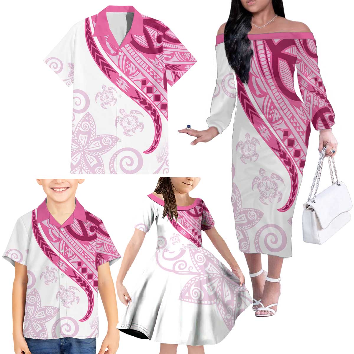 Rose Pink Polynesian Tribal Turtle Floral Pattern Family Matching Off The Shoulder Long Sleeve Dress and Hawaiian Shirt LT05 - Polynesian Pride