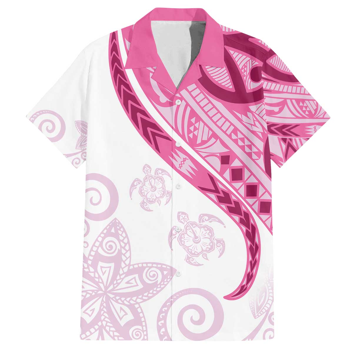 Rose Pink Polynesian Tribal Turtle Floral Pattern Family Matching Off The Shoulder Long Sleeve Dress and Hawaiian Shirt LT05 Dad's Shirt - Short Sleeve Pink - Polynesian Pride