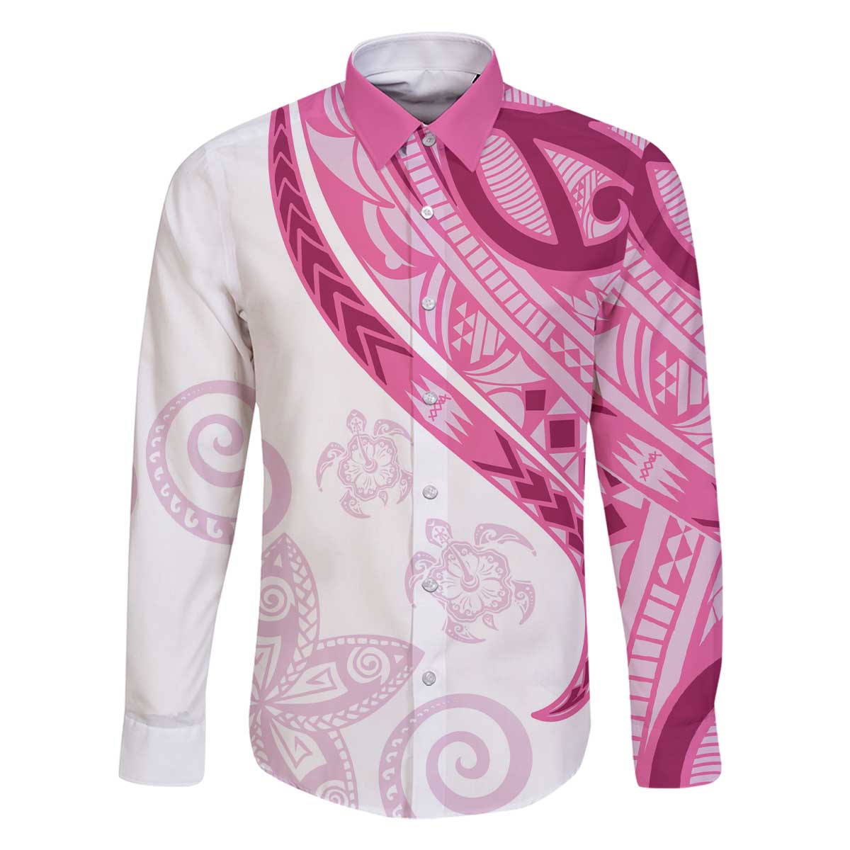 Rose Pink Polynesian Tribal Turtle Floral Pattern Family Matching Off The Shoulder Long Sleeve Dress and Hawaiian Shirt LT05 Dad's Shirt - Long Sleeve Pink - Polynesian Pride