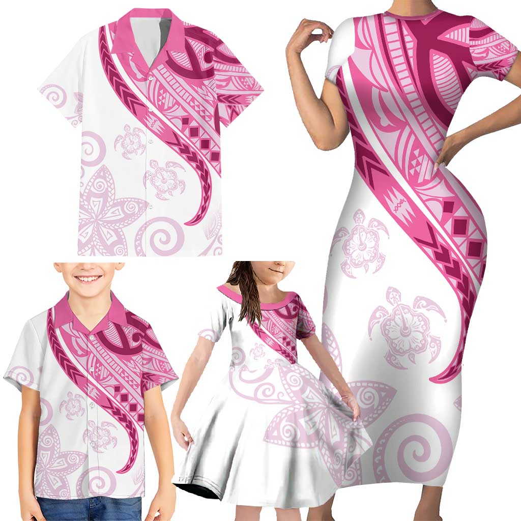 Rose Pink Polynesian Tribal Turtle Floral Pattern Family Matching Short Sleeve Bodycon Dress and Hawaiian Shirt LT05 - Polynesian Pride