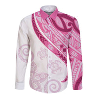 Rose Pink Polynesian Tribal Turtle Floral Pattern Long Sleeve Button Shirt