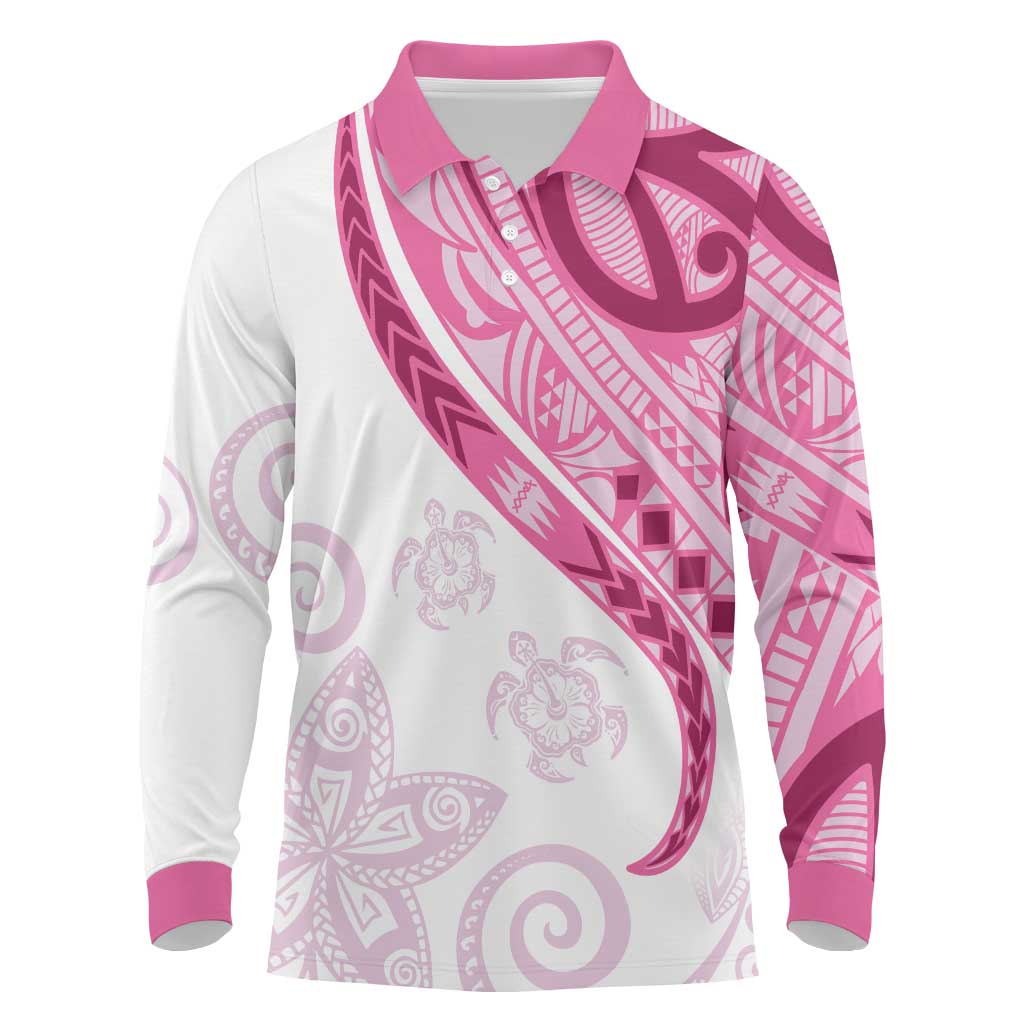 Rose Pink Polynesian Tribal Turtle Floral Pattern Long Sleeve Polo Shirt