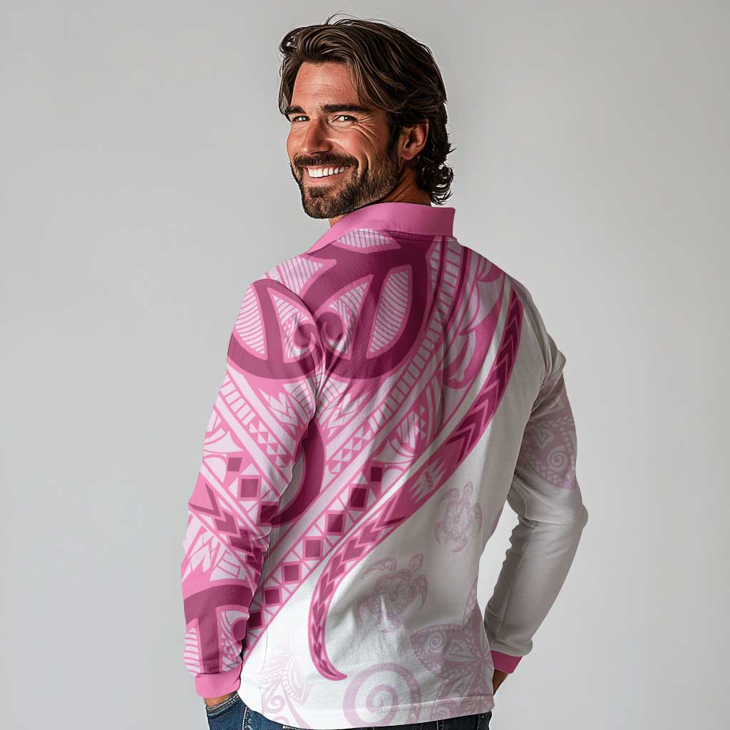 Rose Pink Polynesian Tribal Turtle Floral Pattern Long Sleeve Polo Shirt