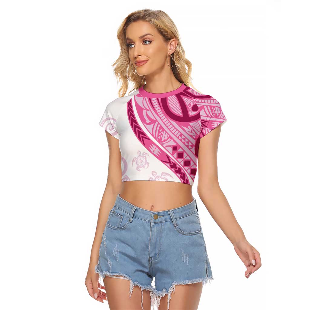 Rose Pink Polynesian Tribal Turtle Floral Pattern Raglan Cropped T Shirt