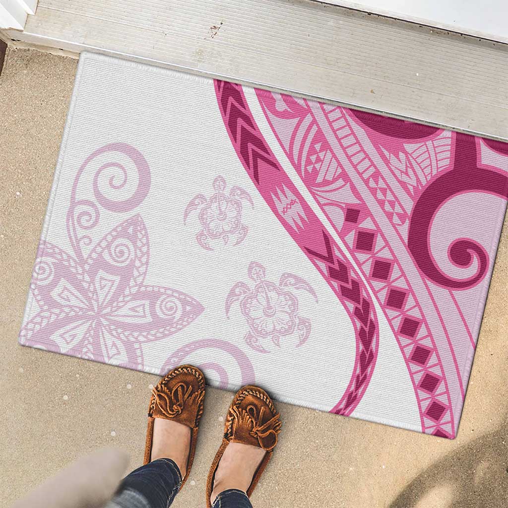 Rose Pink Polynesian Tribal Turtle Floral Pattern Rubber Doormat