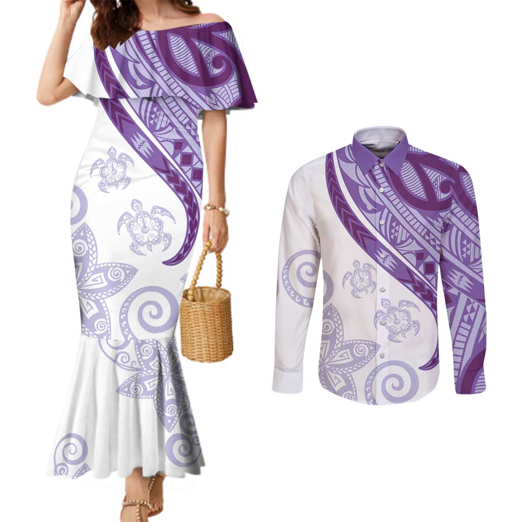 Purple Polynesian Tribal Turtle Floral Pattern Couples Matching Mermaid Dress and Long Sleeve Button Shirt