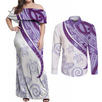 Purple Polynesian Tribal Turtle Floral Pattern Couples Matching Off Shoulder Maxi Dress and Long Sleeve Button Shirt