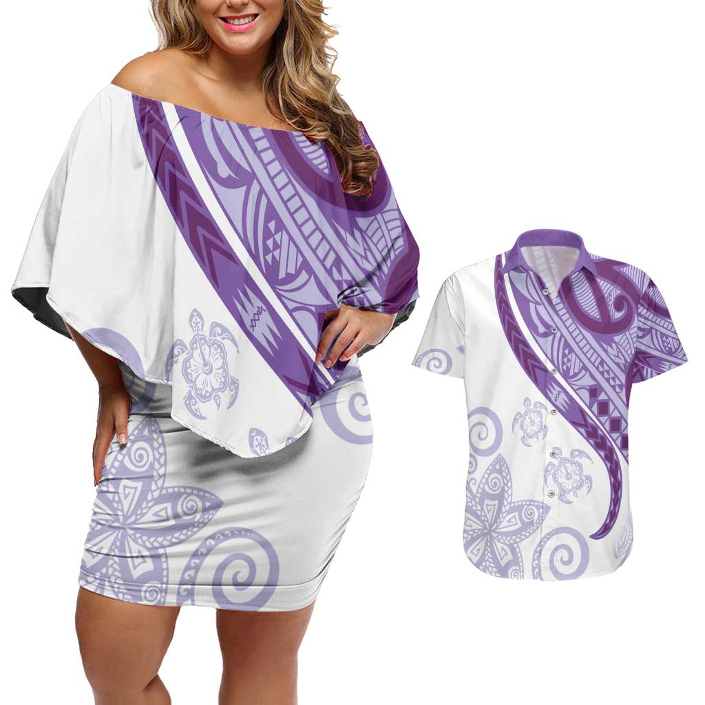 Purple Polynesian Tribal Turtle Floral Pattern Couples Matching Off Shoulder Short Dress and Hawaiian Shirt