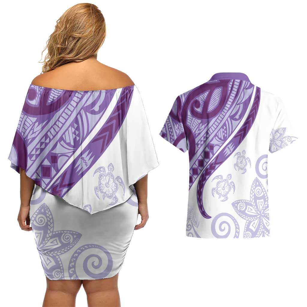 Purple Polynesian Tribal Turtle Floral Pattern Couples Matching Off Shoulder Short Dress and Hawaiian Shirt