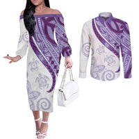 Purple Polynesian Tribal Turtle Floral Pattern Couples Matching Off The Shoulder Long Sleeve Dress and Long Sleeve Button Shirt