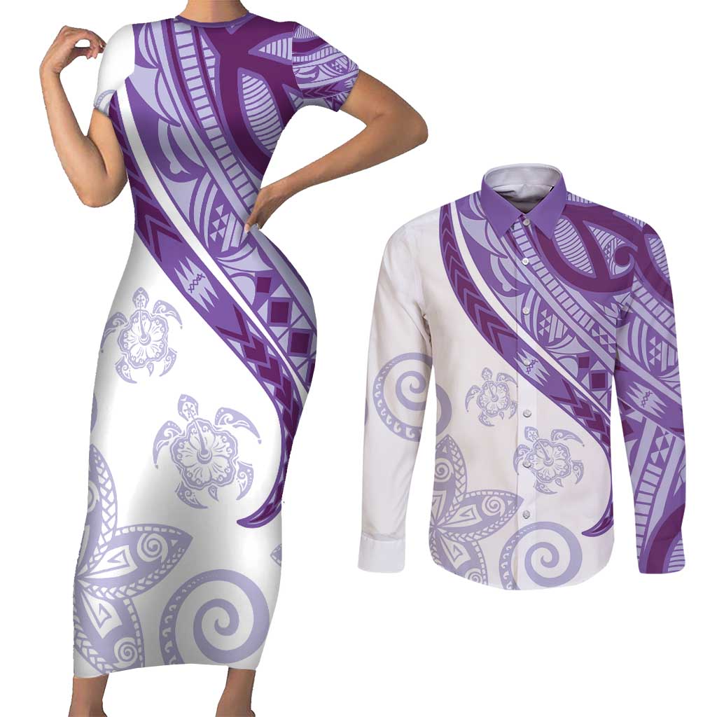 Purple Polynesian Tribal Turtle Floral Pattern Couples Matching Short Sleeve Bodycon Dress and Long Sleeve Button Shirt