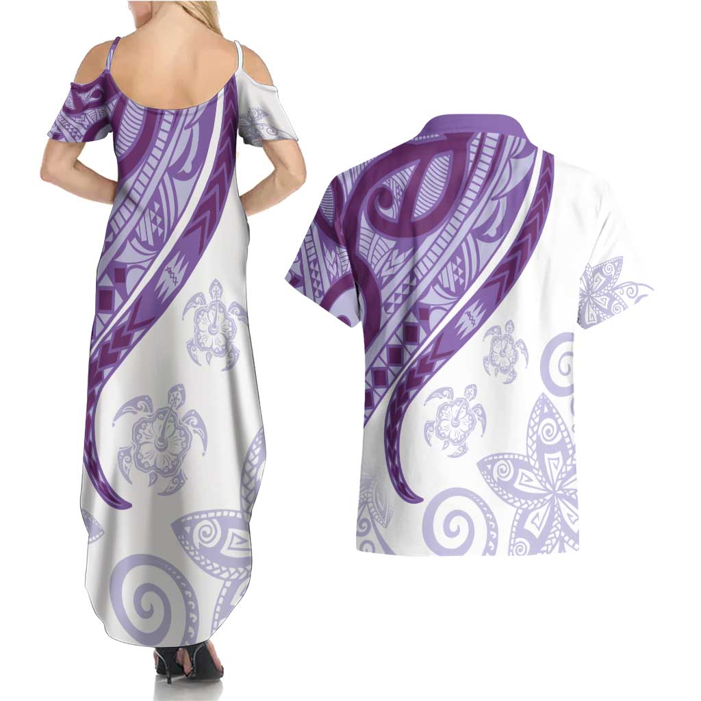 Purple Polynesian Tribal Turtle Floral Pattern Couples Matching Summer Maxi Dress and Hawaiian Shirt