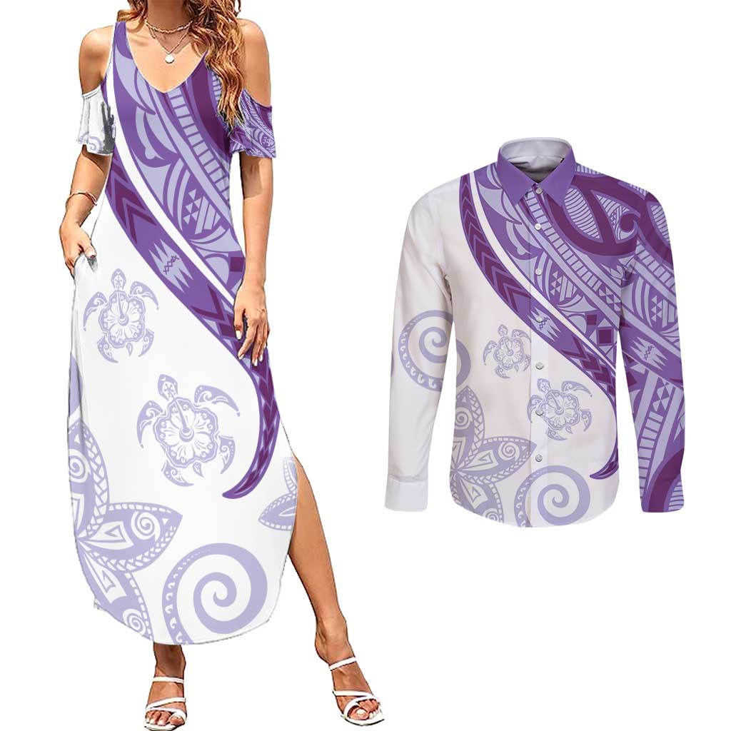 Purple Polynesian Tribal Turtle Floral Pattern Couples Matching Summer Maxi Dress and Long Sleeve Button Shirt
