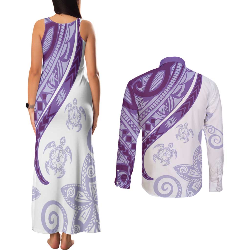 Purple Polynesian Tribal Turtle Floral Pattern Couples Matching Tank Maxi Dress and Long Sleeve Button Shirt