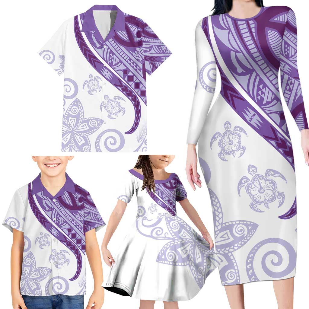 Purple Polynesian Tribal Turtle Floral Pattern Family Matching Long Sleeve Bodycon Dress and Hawaiian Shirt LT05 - Polynesian Pride
