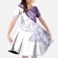 Purple Polynesian Tribal Turtle Floral Pattern Family Matching Off The Shoulder Long Sleeve Dress and Hawaiian Shirt LT05 Daughter's Dress Purple - Polynesian Pride