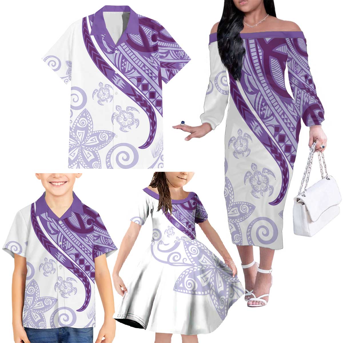 Purple Polynesian Tribal Turtle Floral Pattern Family Matching Off The Shoulder Long Sleeve Dress and Hawaiian Shirt LT05 - Polynesian Pride