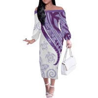 Purple Polynesian Tribal Turtle Floral Pattern Family Matching Off The Shoulder Long Sleeve Dress and Hawaiian Shirt LT05 Mom's Dress Purple - Polynesian Pride