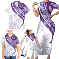 Purple Polynesian Tribal Turtle Floral Pattern Family Matching Short Sleeve Bodycon Dress and Hawaiian Shirt LT05 - Polynesian Pride