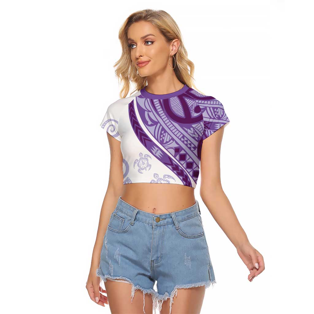 Purple Polynesian Tribal Turtle Floral Pattern Raglan Cropped T Shirt