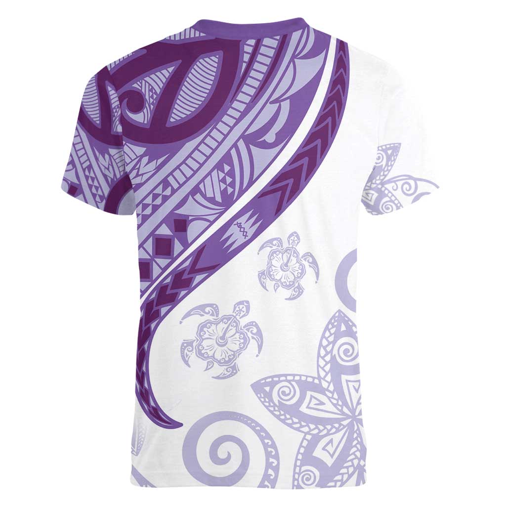 Purple Polynesian Tribal Turtle Floral Pattern Women V-Neck T-Shirt