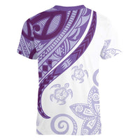 Purple Polynesian Tribal Turtle Floral Pattern Women V-Neck T-Shirt