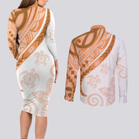 Orange Polynesian Tribal Turtle Floral Pattern Couples Matching Long Sleeve Bodycon Dress and Long Sleeve Button Shirt