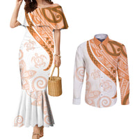 Orange Polynesian Tribal Turtle Floral Pattern Couples Matching Mermaid Dress and Long Sleeve Button Shirt