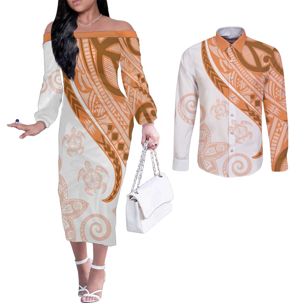Orange Polynesian Tribal Turtle Floral Pattern Couples Matching Off The Shoulder Long Sleeve Dress and Long Sleeve Button Shirt