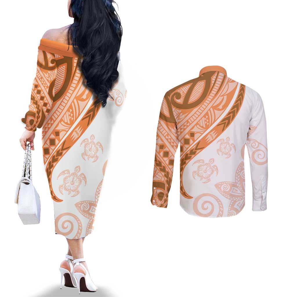 Orange Polynesian Tribal Turtle Floral Pattern Couples Matching Off The Shoulder Long Sleeve Dress and Long Sleeve Button Shirt