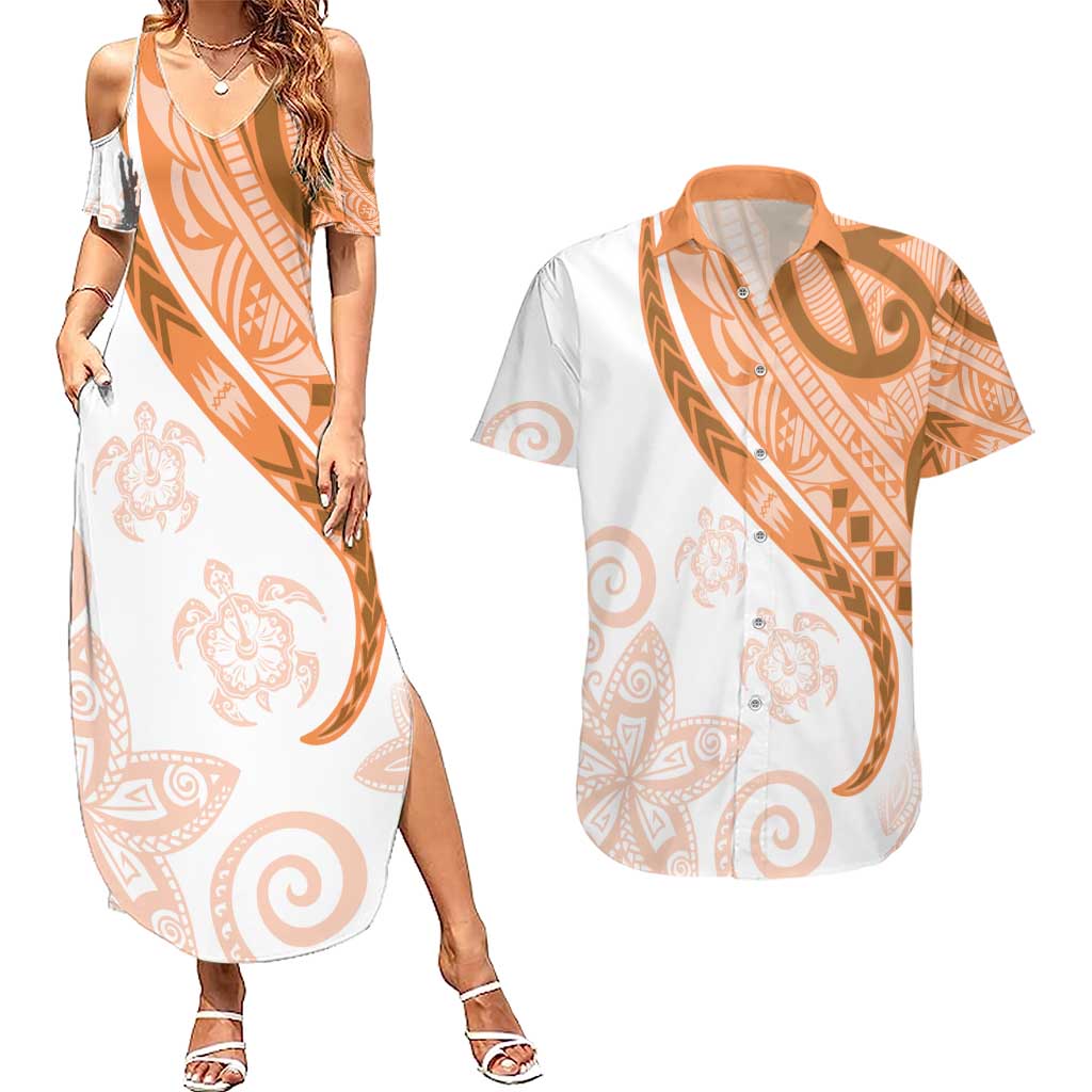Orange Polynesian Tribal Turtle Floral Pattern Couples Matching Summer Maxi Dress and Hawaiian Shirt