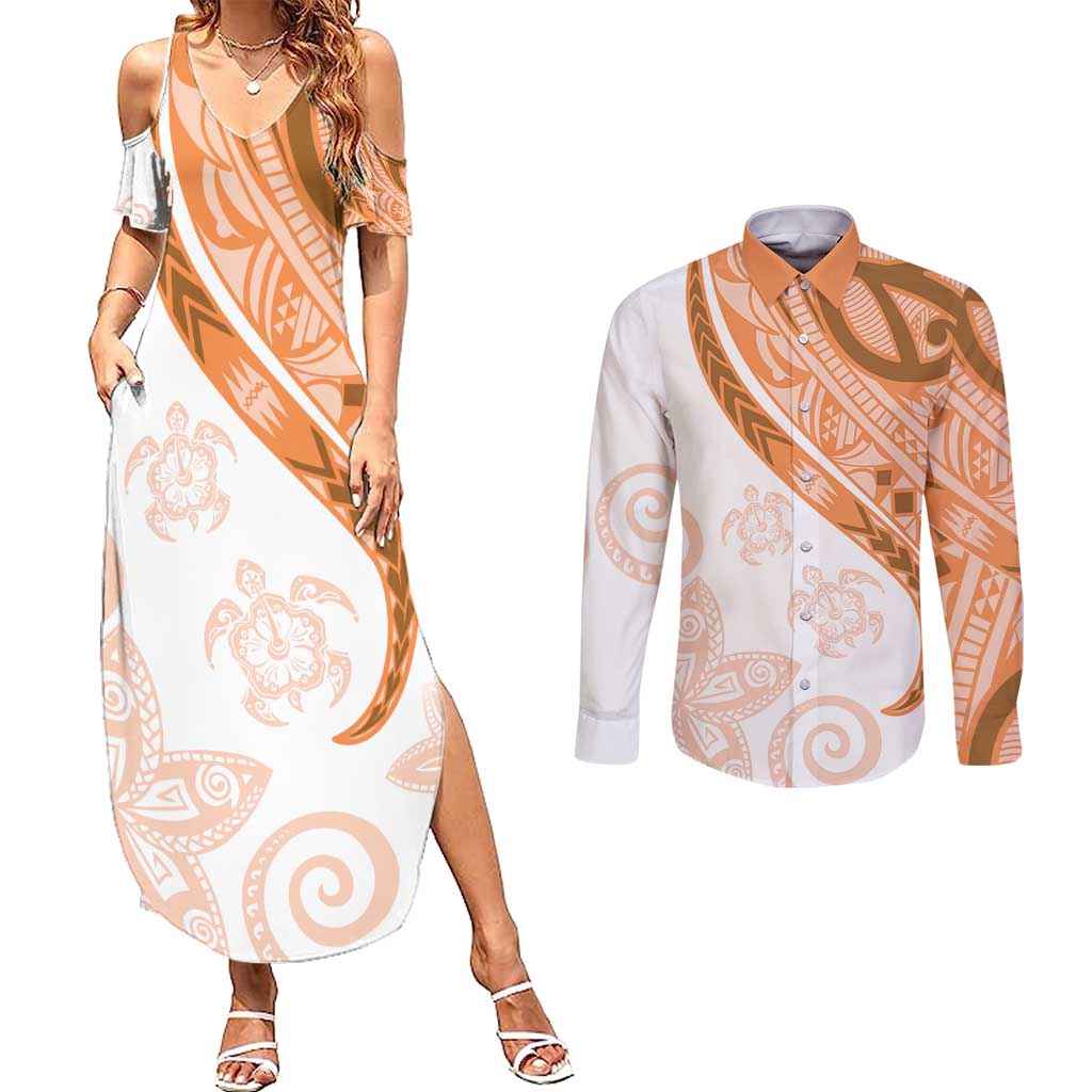 Orange Polynesian Tribal Turtle Floral Pattern Couples Matching Summer Maxi Dress and Long Sleeve Button Shirt