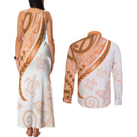 Orange Polynesian Tribal Turtle Floral Pattern Couples Matching Tank Maxi Dress and Long Sleeve Button Shirt